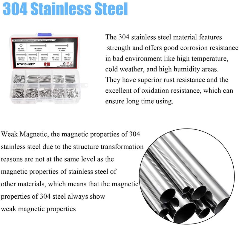 DYWISHKEY 310 Pieces M2 x 4mm/6mm/8mm/10mm/12mm/16mm/20mm, Stainless Steel 304 Hex Button Head Cap Bolts Screws Nuts Kit with Hex Wrench - Image 5